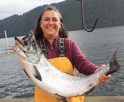 Raphaele Pelaez smiles with her first king salmon catch