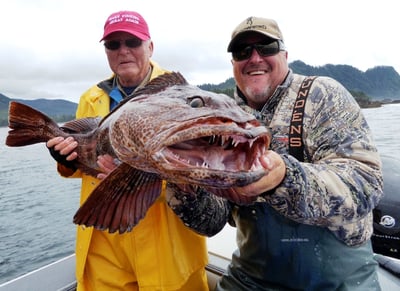 A big smile by Thom Tiehen and his toothy ling cod.